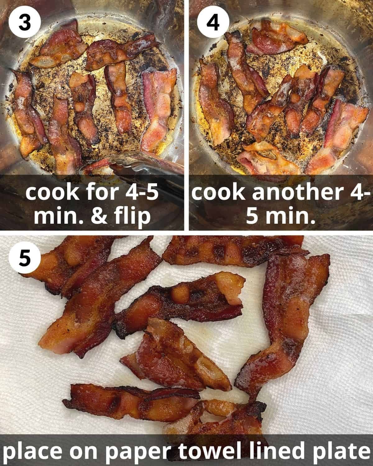 3 photos. Bacon halfway through cooking. Bacon strips cooked in instant pot. Bacon on paper towel.