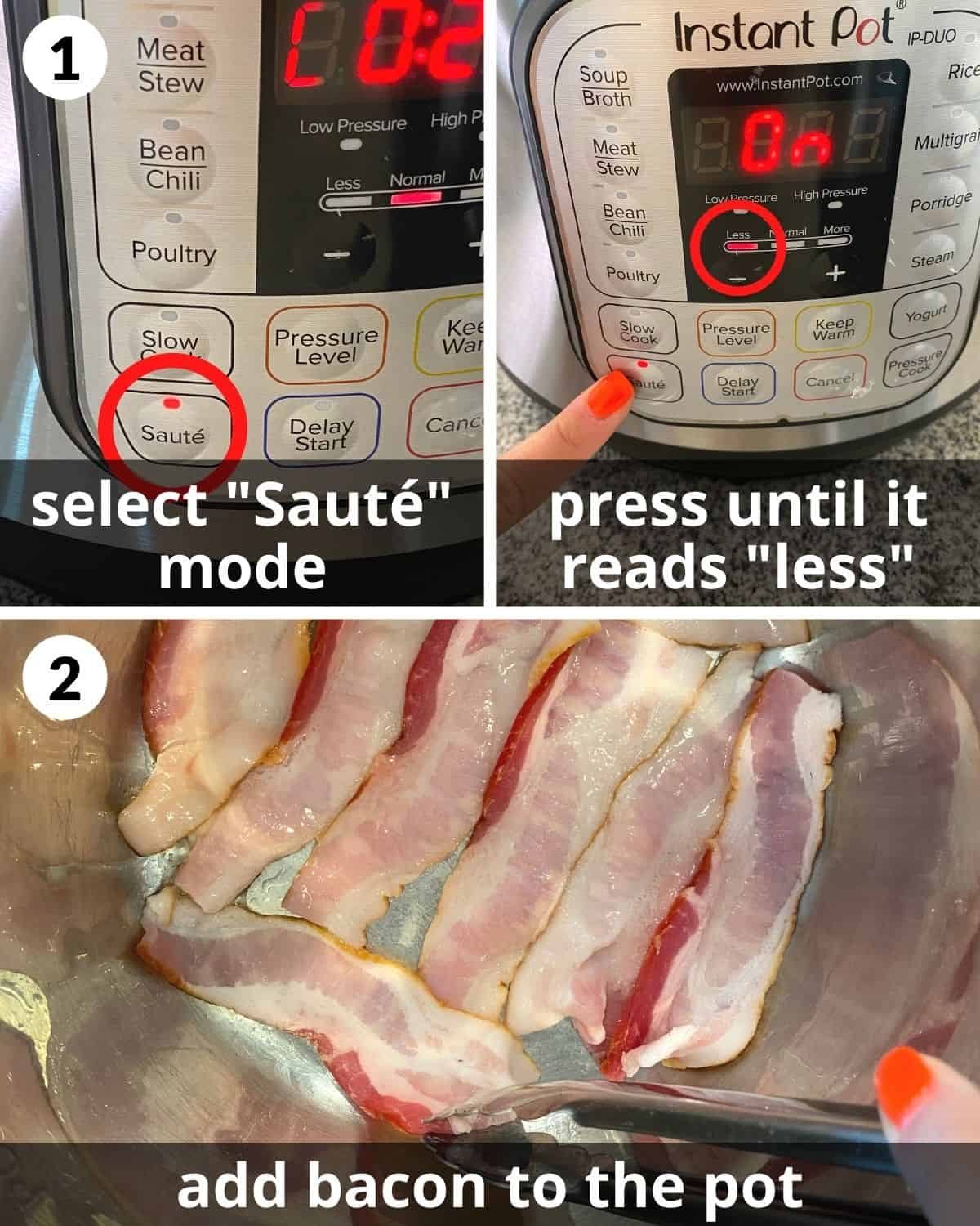 3 photos. Instant pot with saute circled. Instant pot with less circled. Bacon in Instant pot.