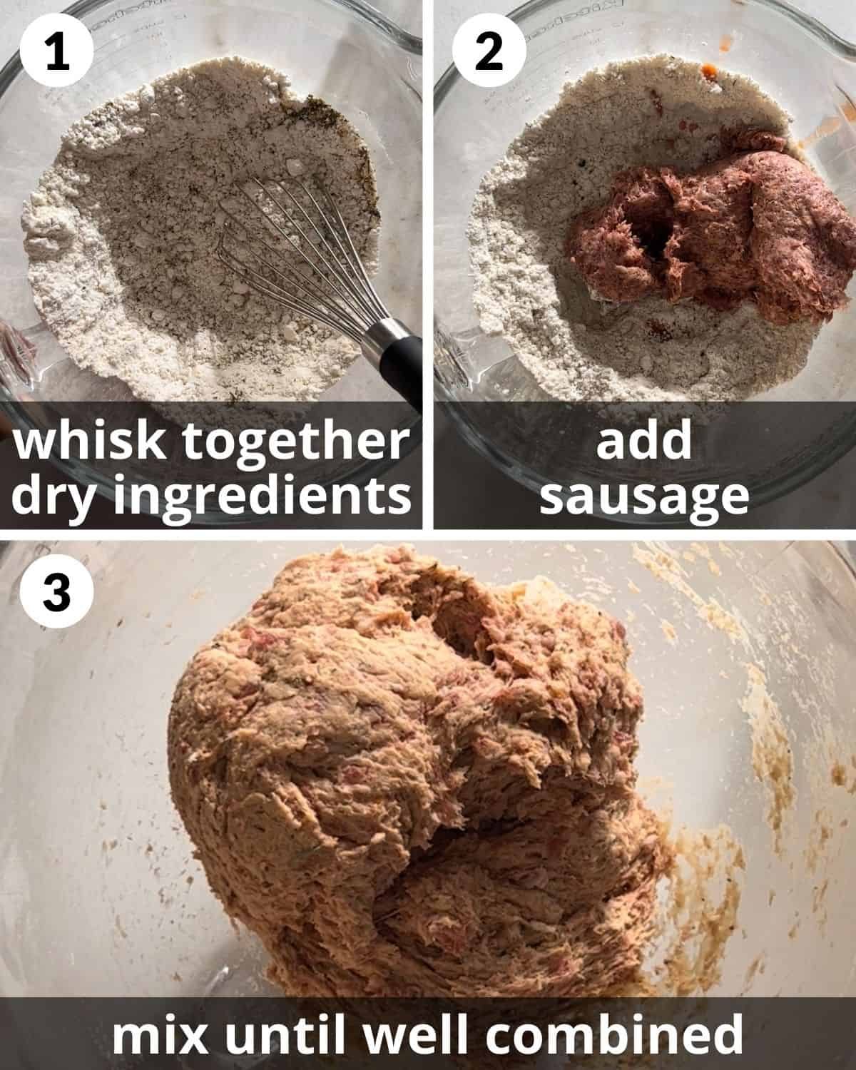 A 3 photo collage showing making the sausage ball dough.