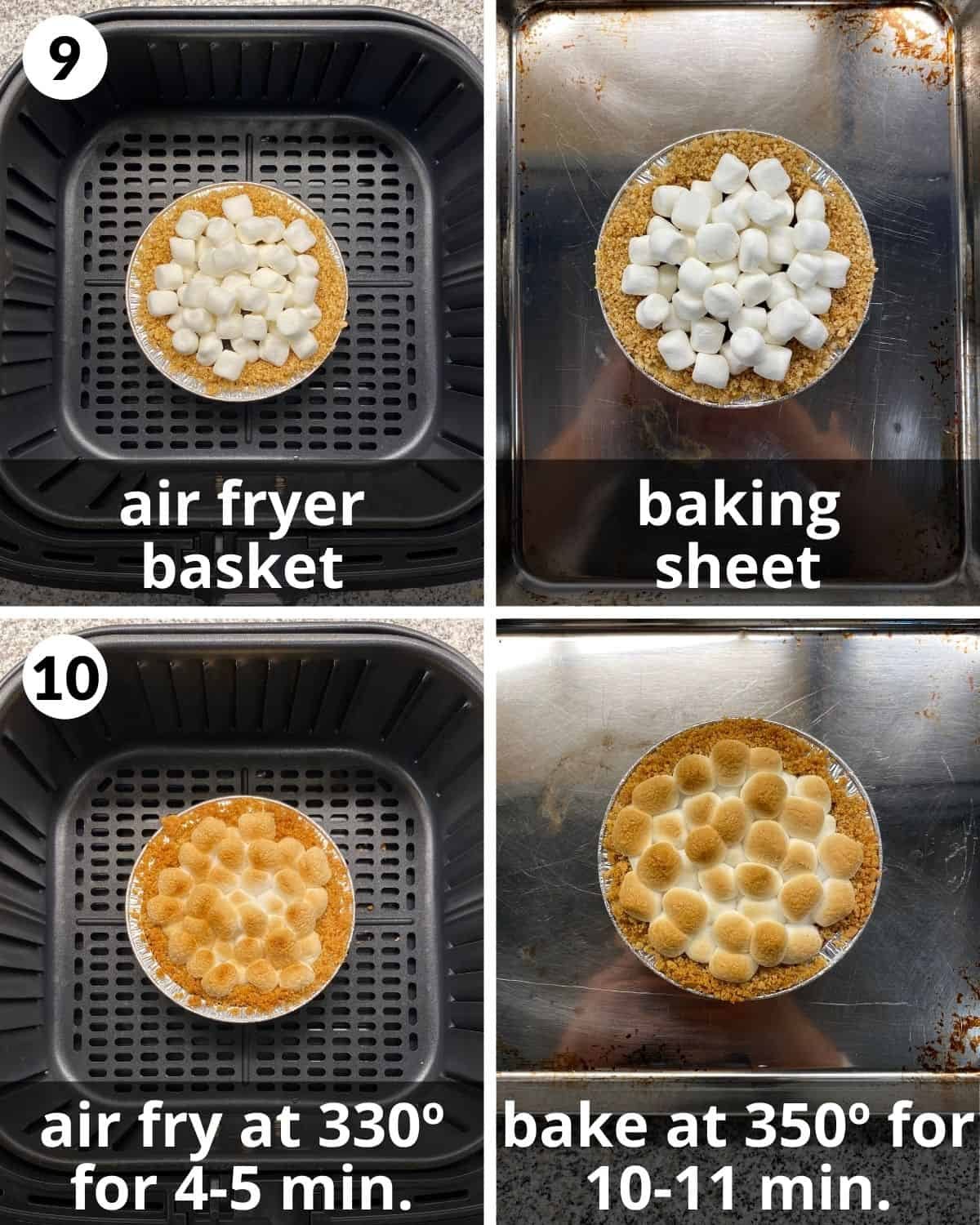 A 4 photo collage showing steps 9 and 10 to making s'mores mini pies.