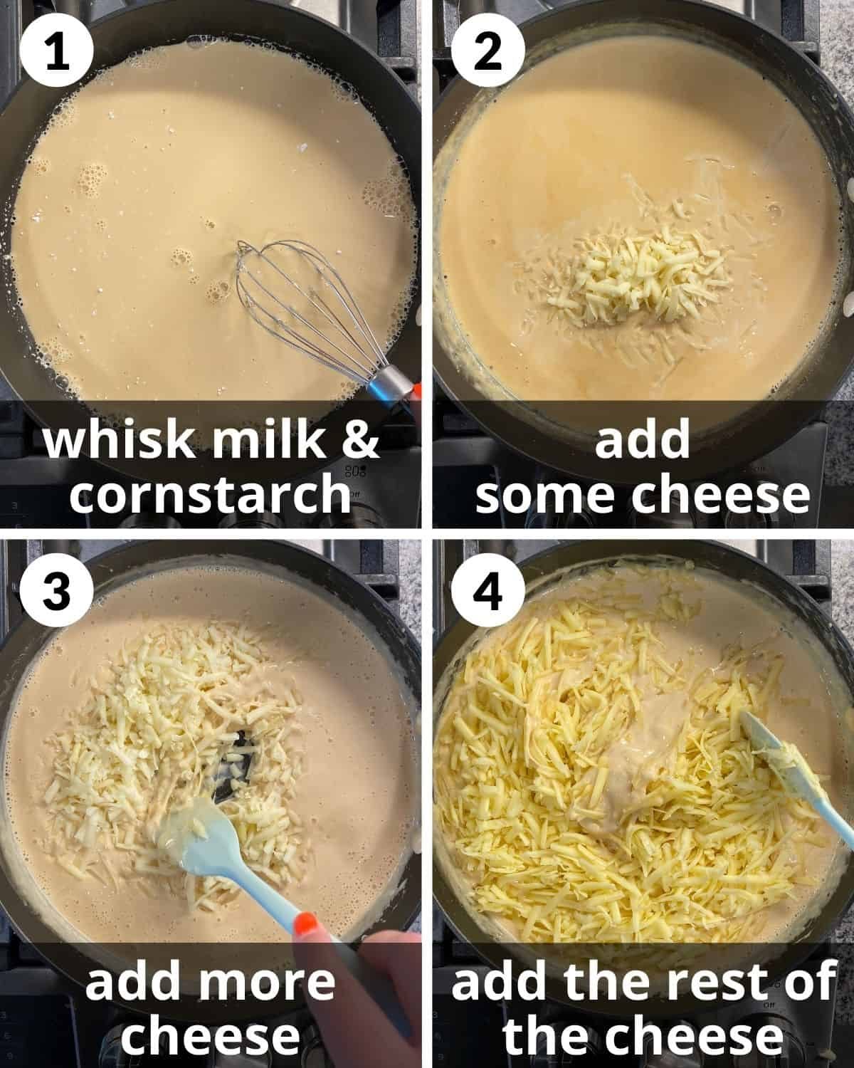4 photos. Milk and cornstarch being whisked. Cheese added a little at a time. Cheese being stirred.