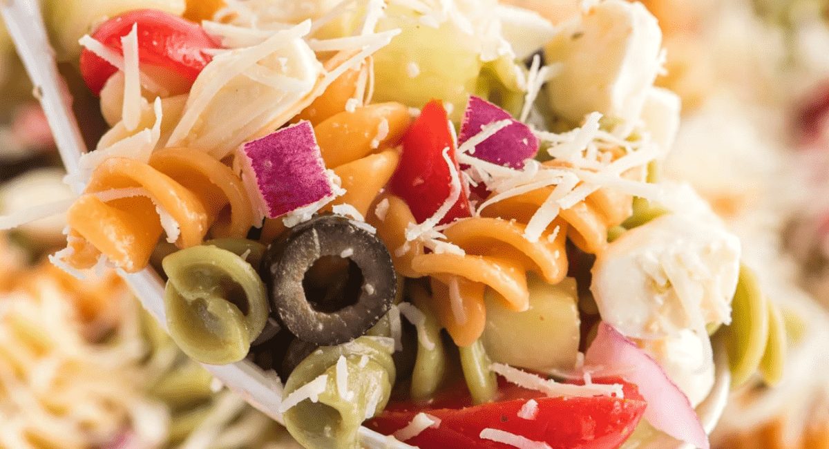 Up close image of easy pasta salad recipe.