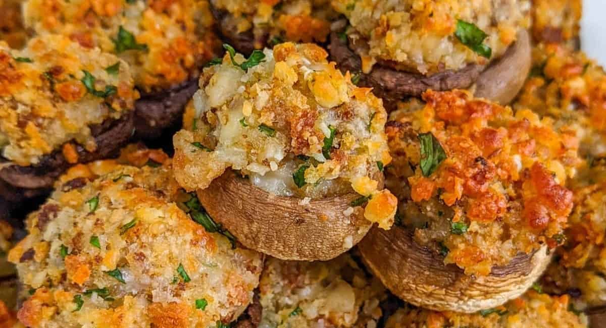 Up close image of air fryer stuffed mushrooms.