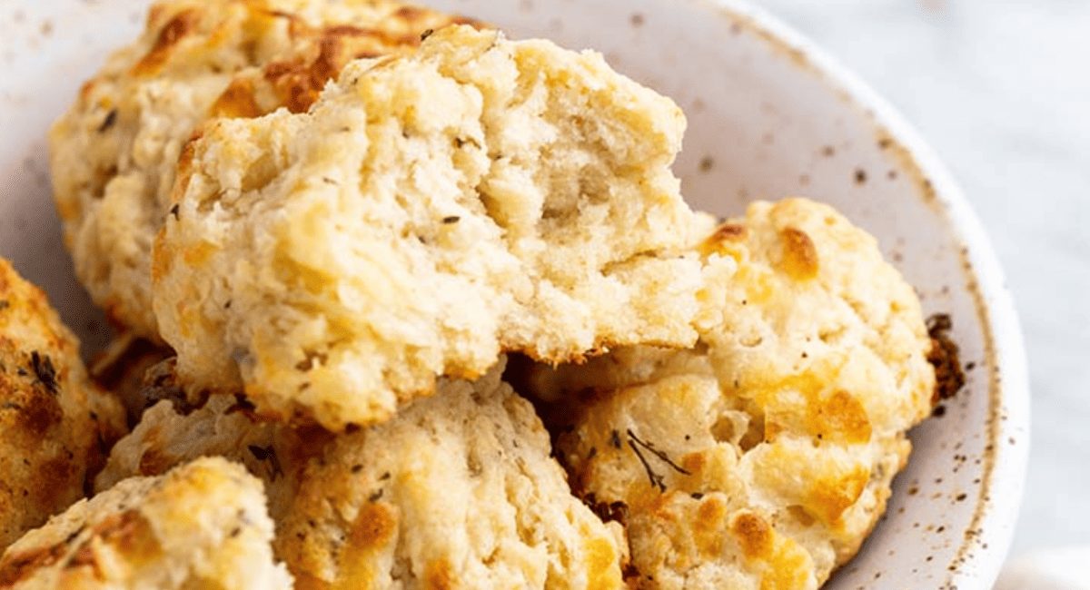 Up close image of garlic bread drop biscuits.