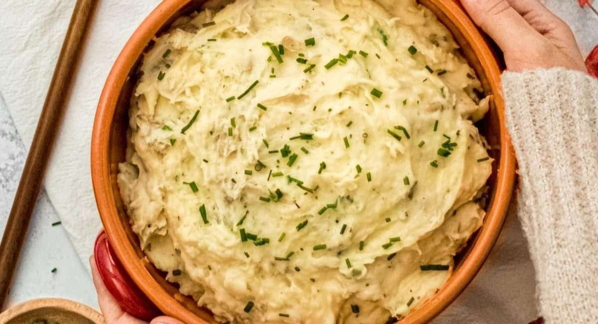 Overhead image of boursin mashed potatoes.