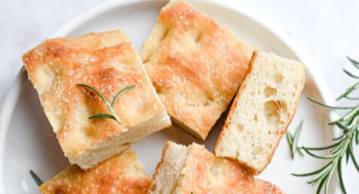 Overhead image of sourdough focaccia.