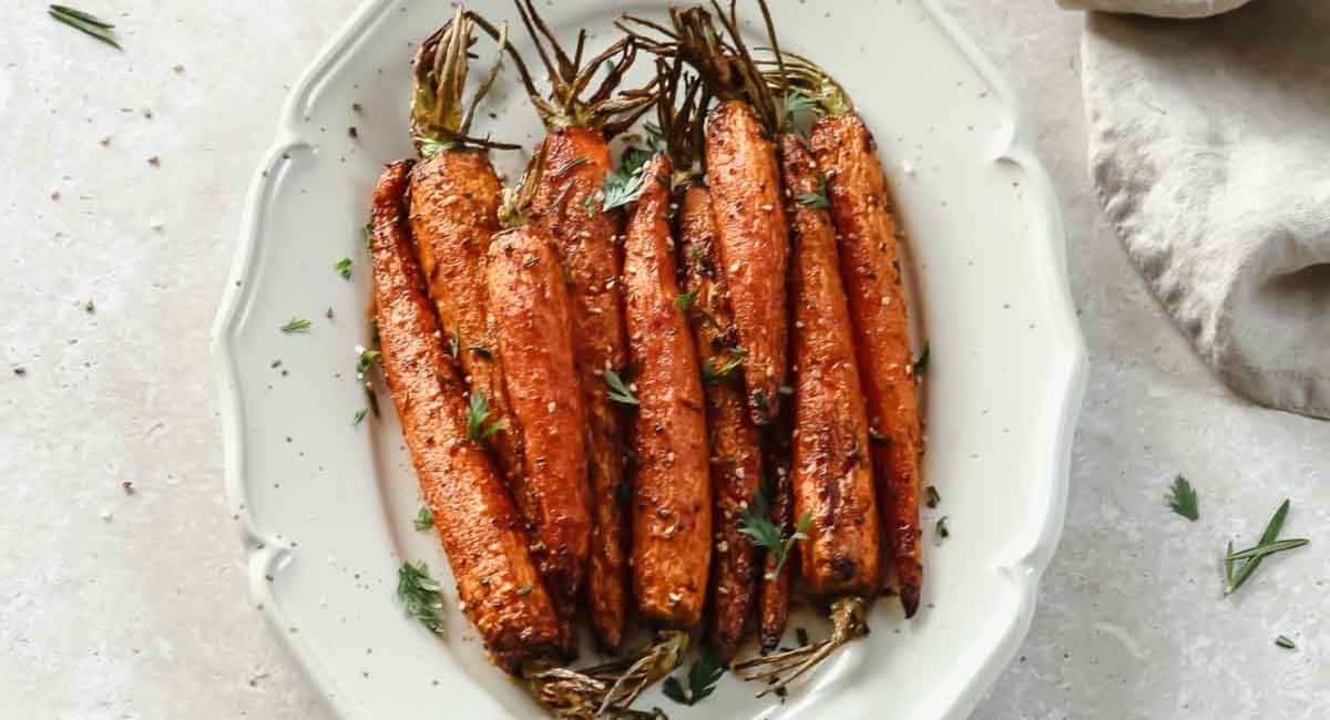 Overhead image of air fryer crispy roasted carrots.