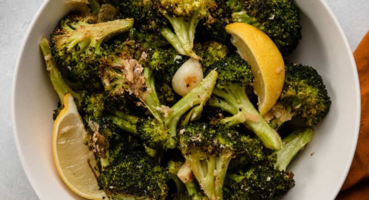 Overhead image of lemon parmesan roasted broccoli.