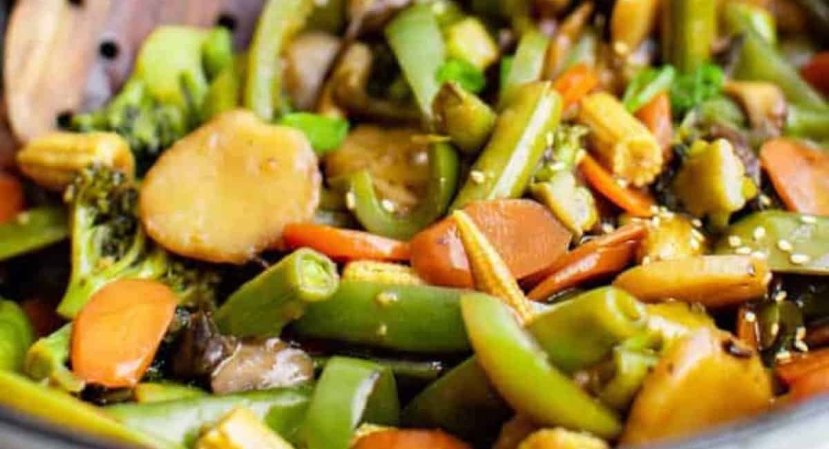Up close image of stir fried vegetables.