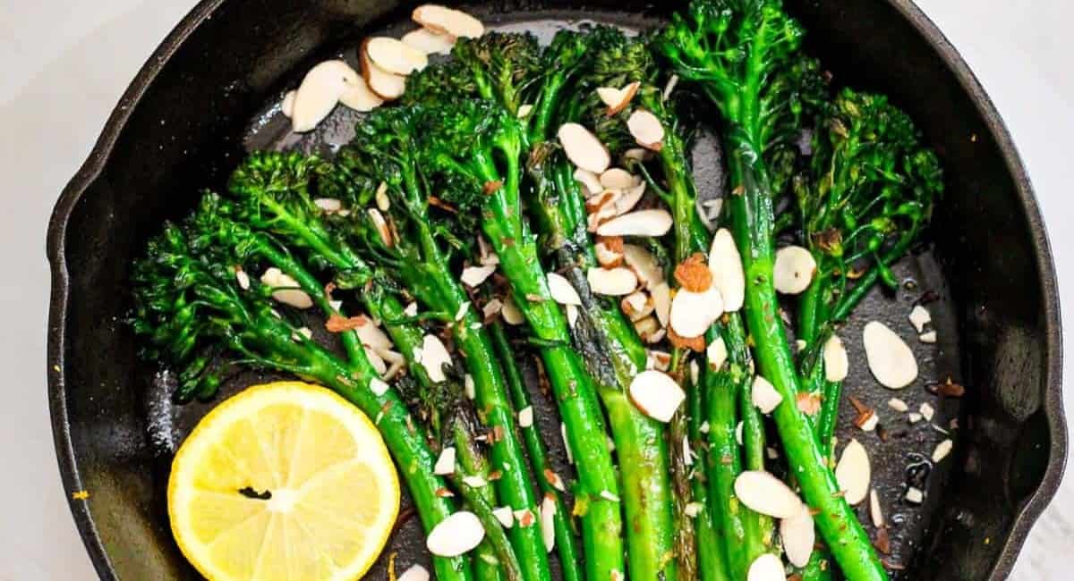 Overhead image of cast iron broccolini.