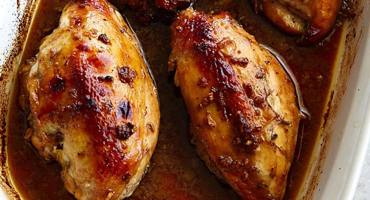 Overhead image of baked marinated asian chicken.