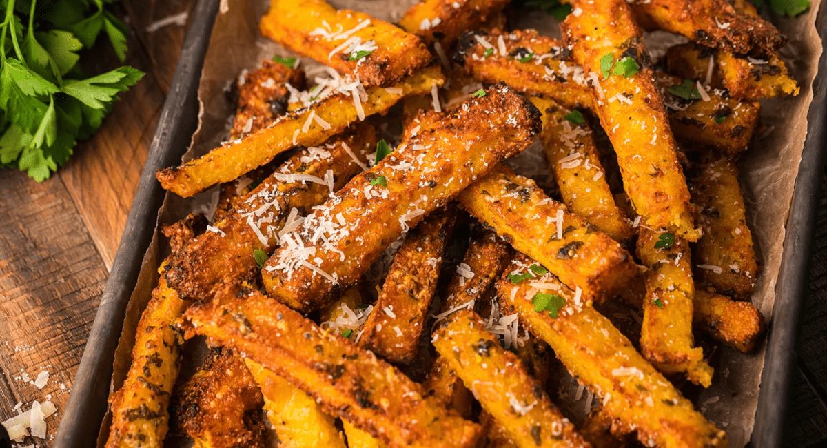 Overhead image of air fryer parmesan truffle polenta fries.
