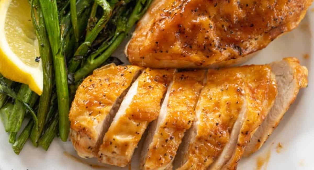 An overhead image of air fryer bbq chicken breast.