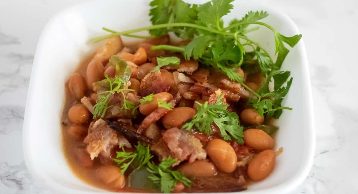 Overhead image of Lupe tortillas charro beans copycat recipe.