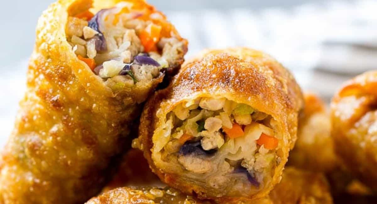 Up close image of homemade egg rolls.