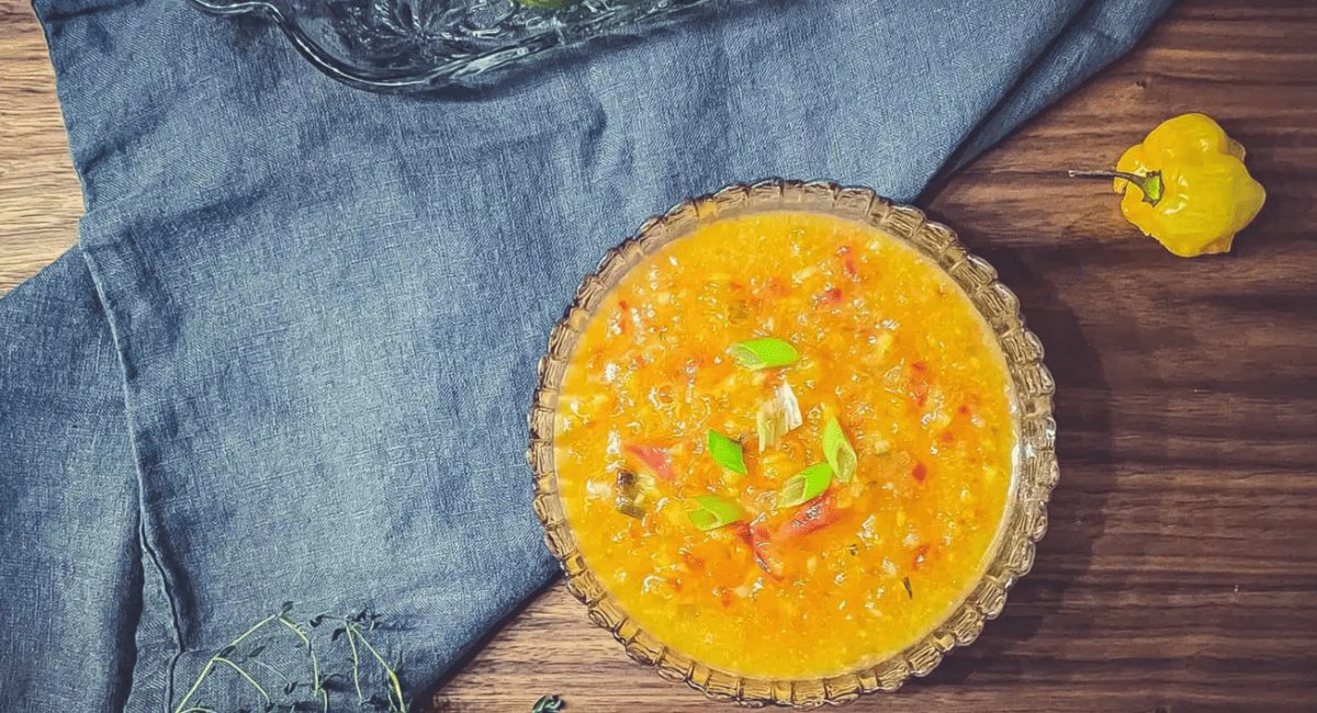 Overhead image of spicy mango pineapple sauce.