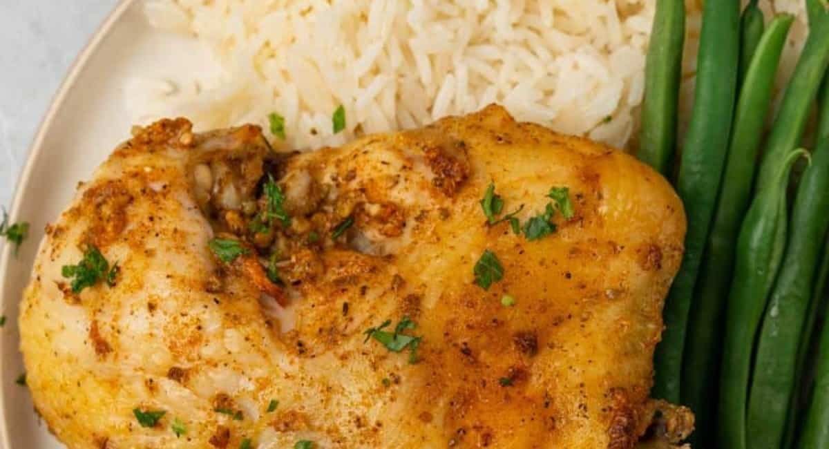 Up close image of baked split chicken breast.