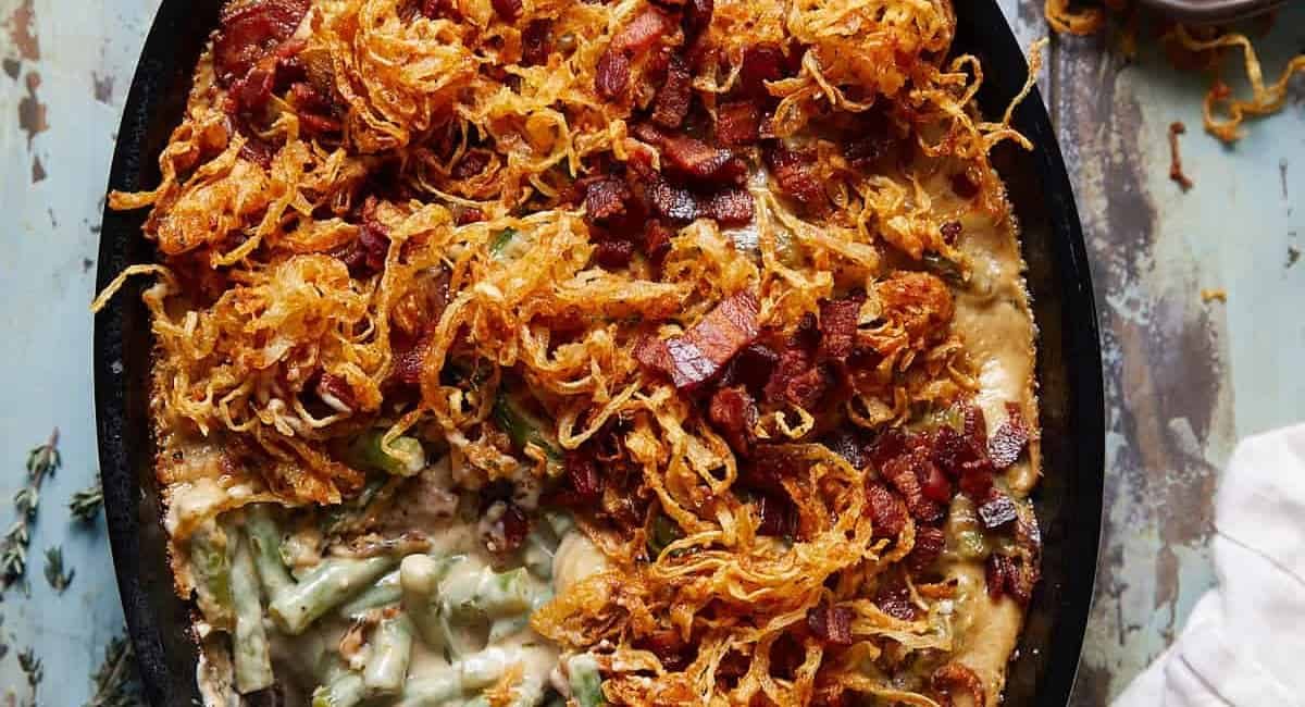 Overhead image of fresh green bean casserole with bacon.