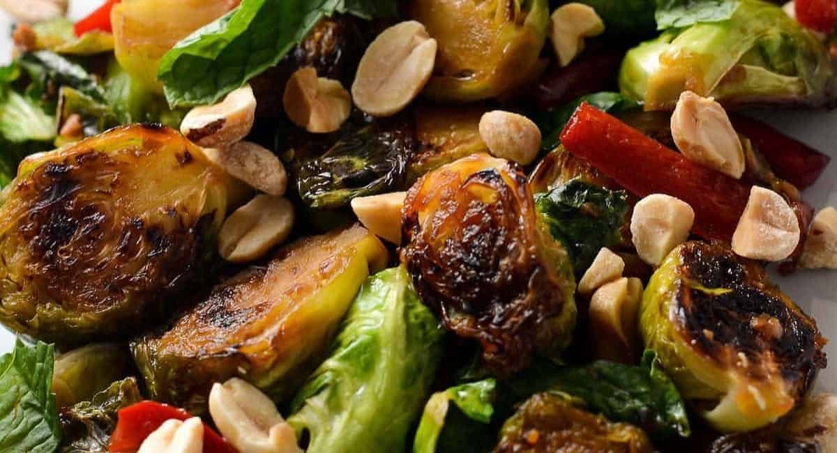 Up close image of crispy thai brussel sprouts.
