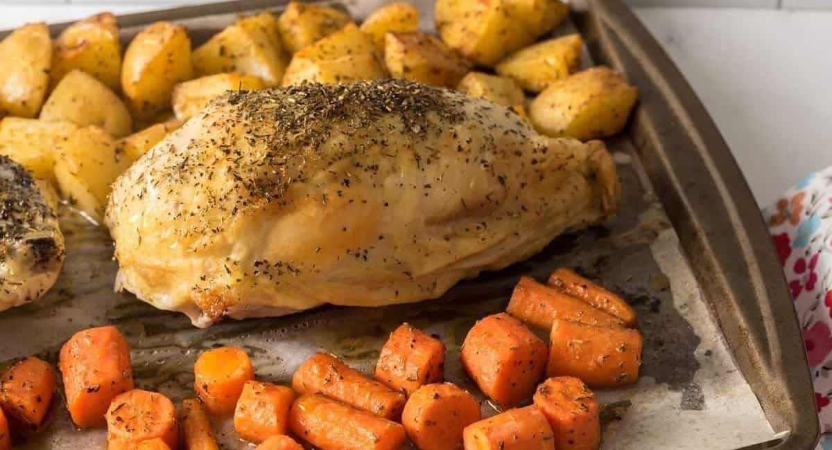 Up close image of sheet pan chicken breasts.