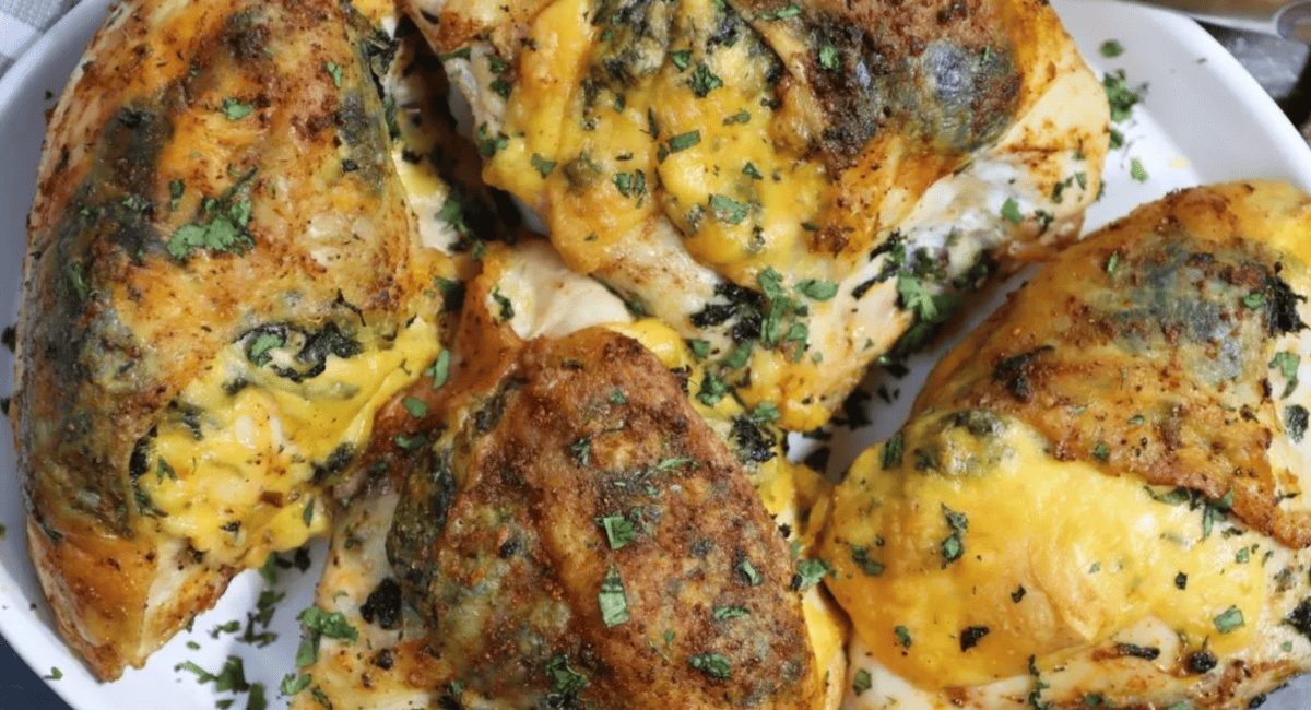 Up close image of bone-in stuffed chicken breast with spinach and gouda.