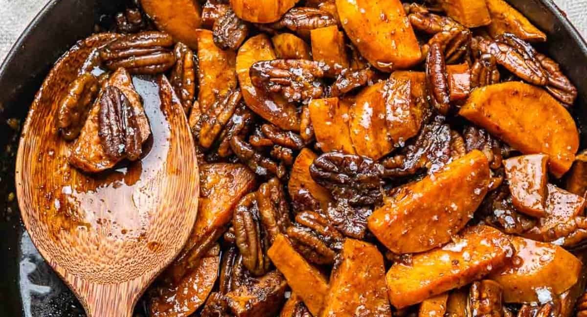 Up close image of baked candied sweet potatoes.