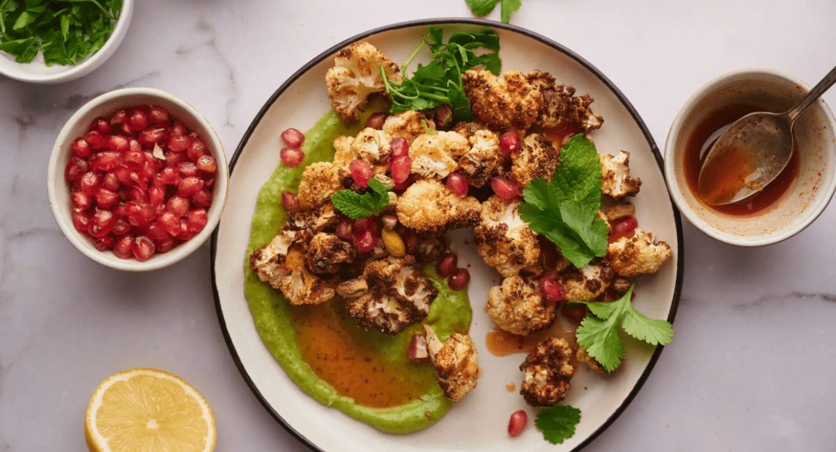 Overhead image of air fryer cauliflower with garnish.