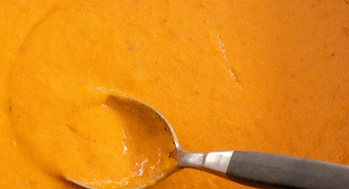 Up close image of tomato and mascarpone sauce.