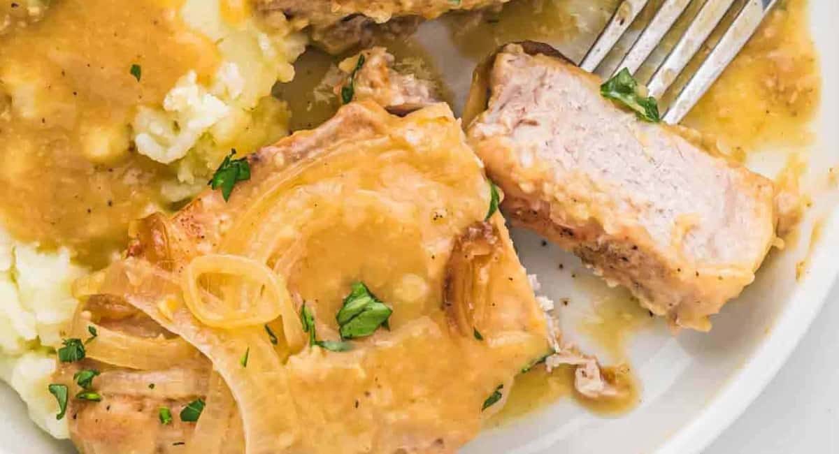 Up close image of pork chops with gravy.