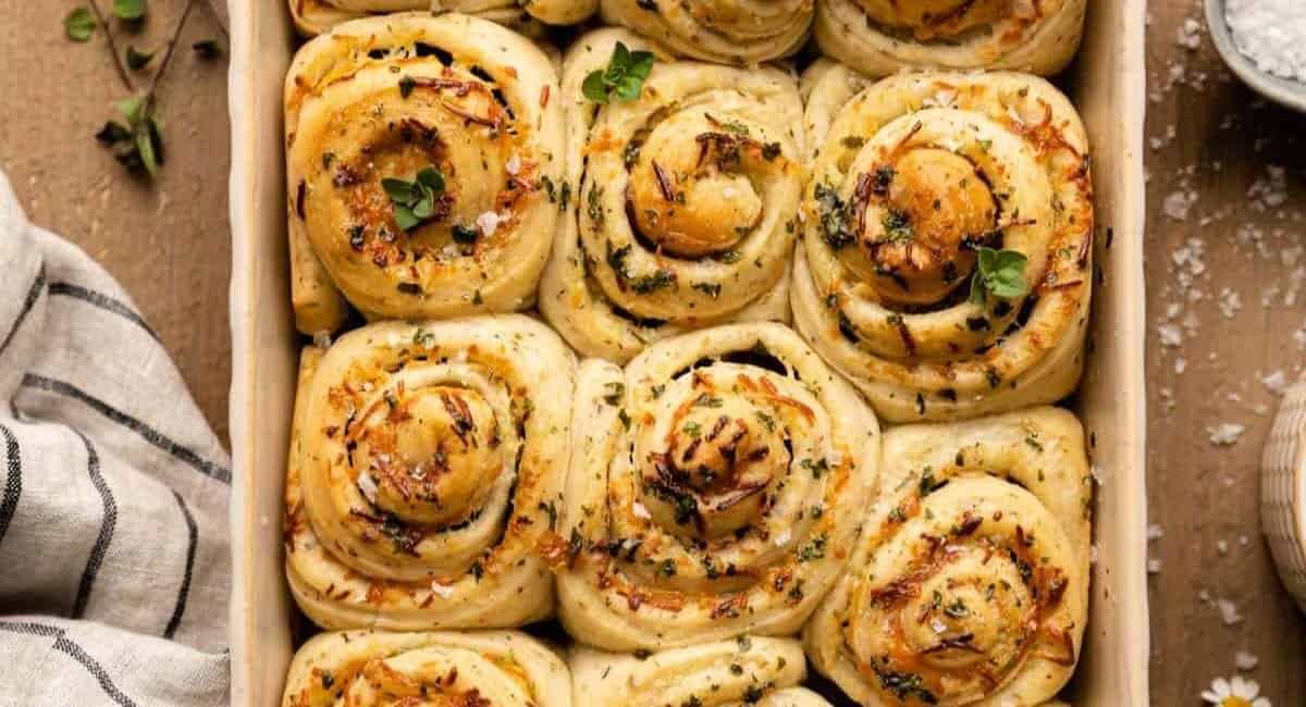 Overhead image of garlic herb butter rolls cinnamon roll style.