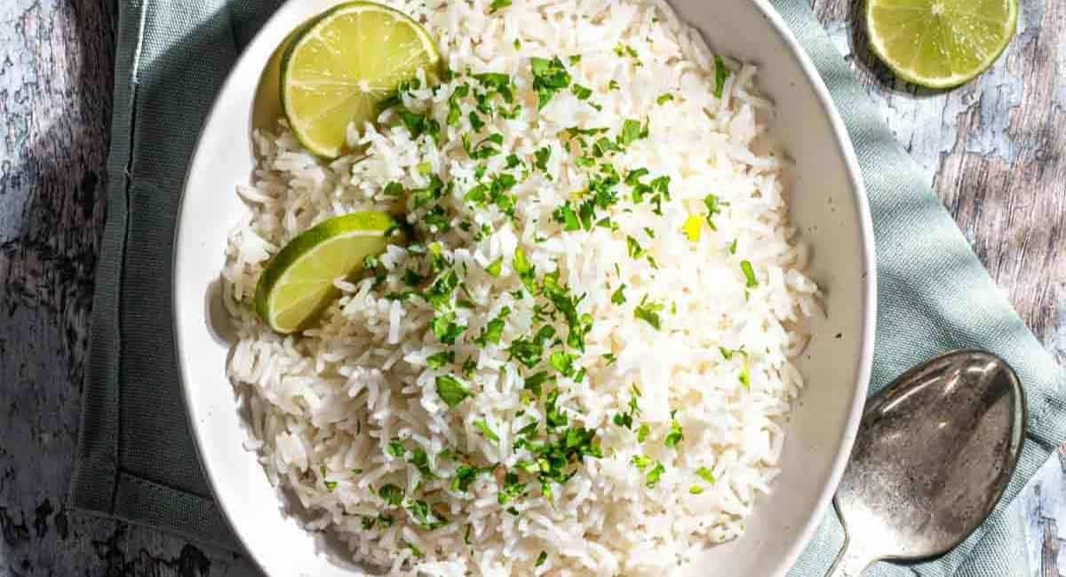 Overhead image of coconut basmati rice.