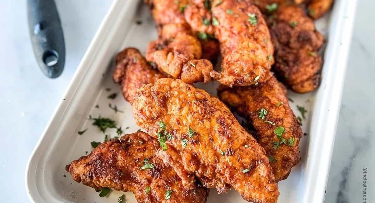 Overhead image of Nashville hot chicken tenders.