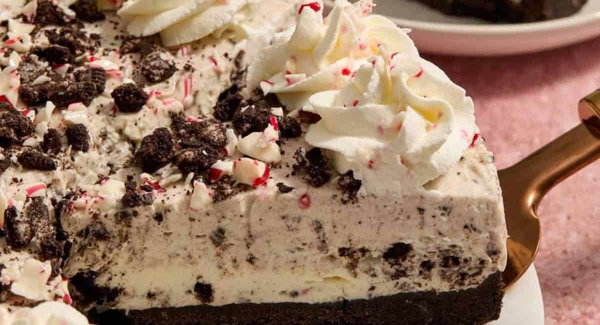 Up close side image of no bake peppermint Oreo cheesecake.