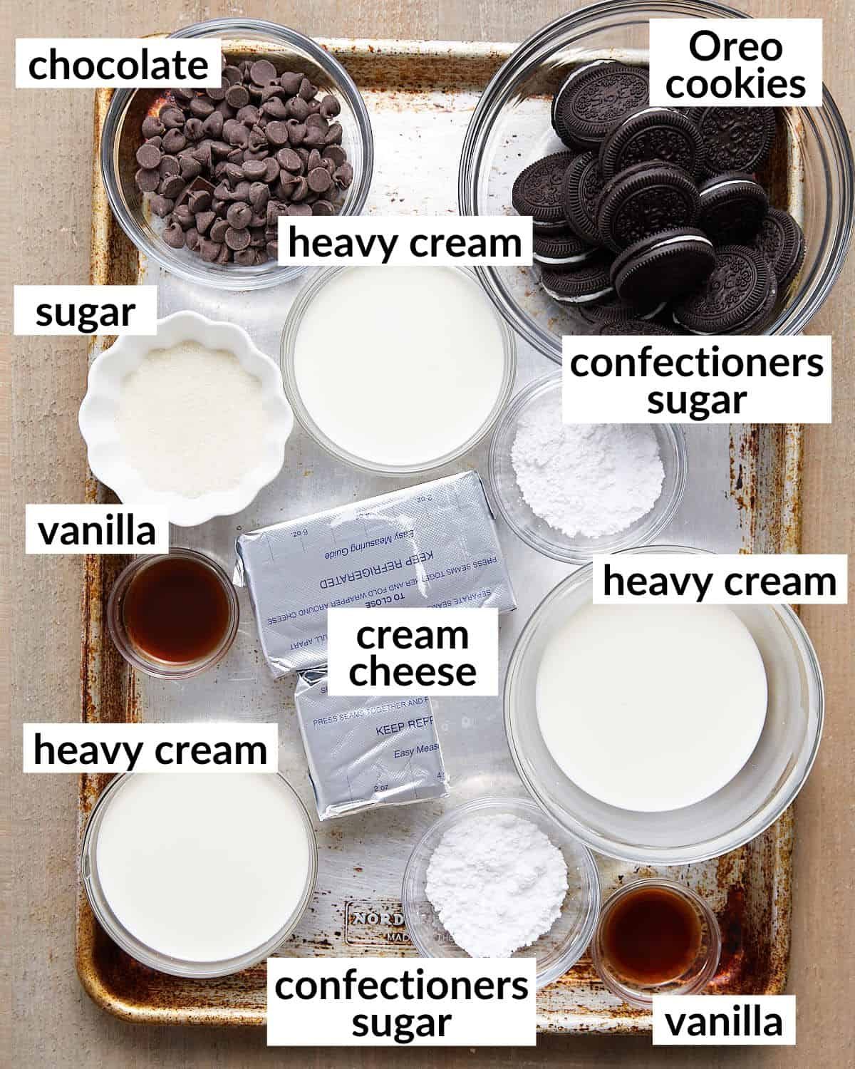 Overhead image of ingredients needed for no bake mini oreo cheesecakes.