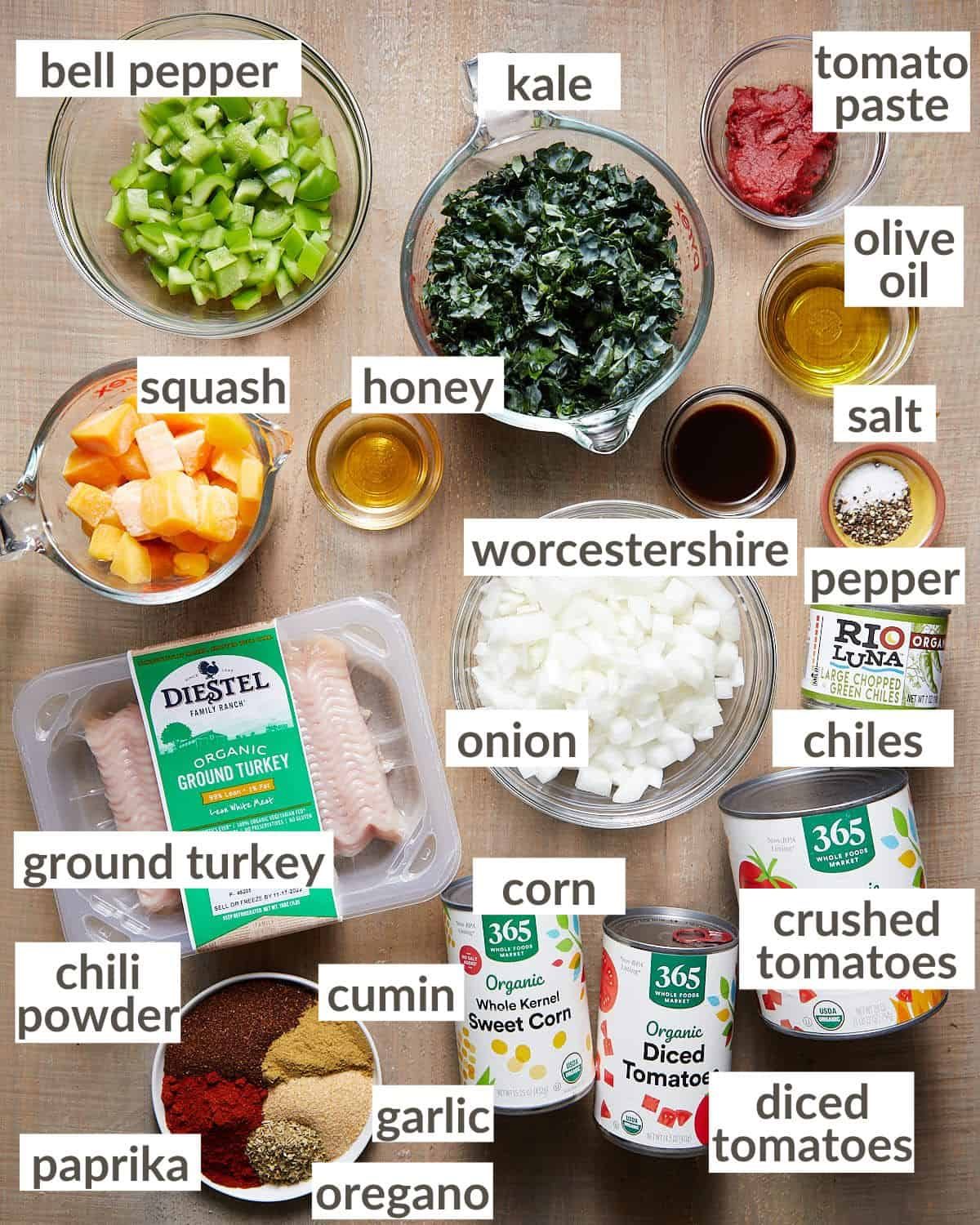 Overhead image of ingredients needed to make no bean turkey chili.