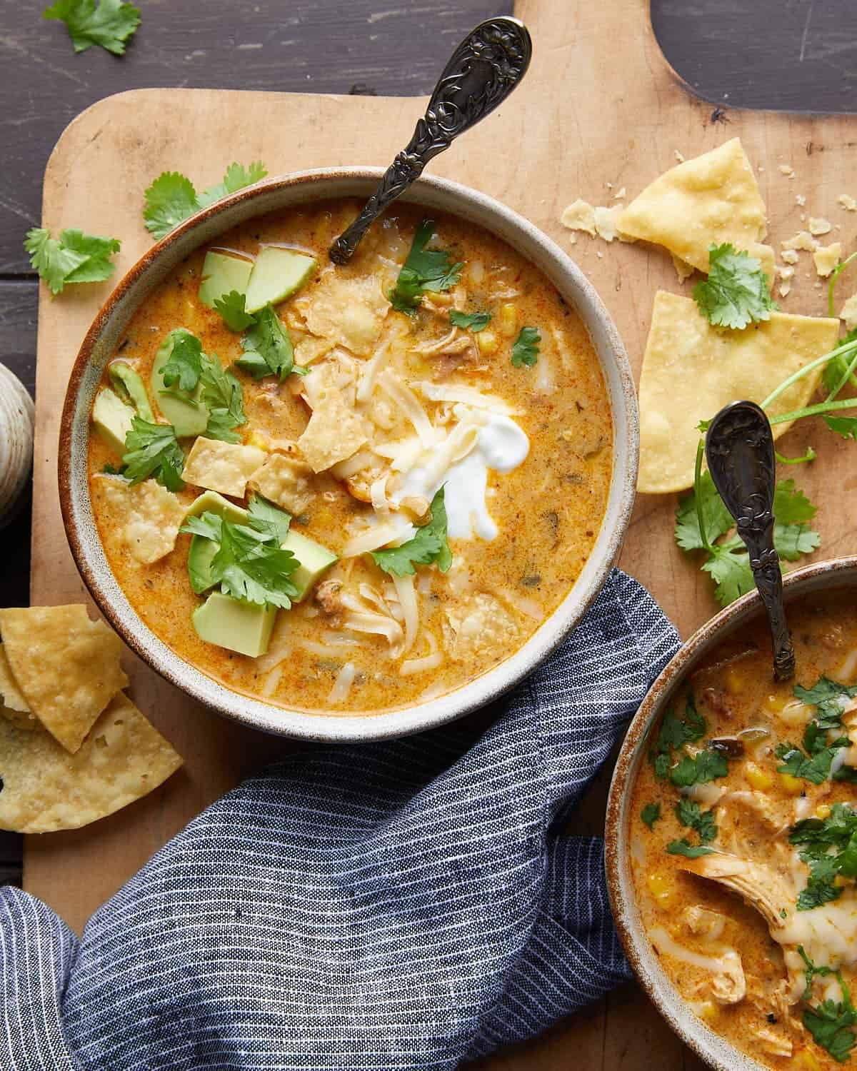Overhead image of no bean white chicken chili with garnish.