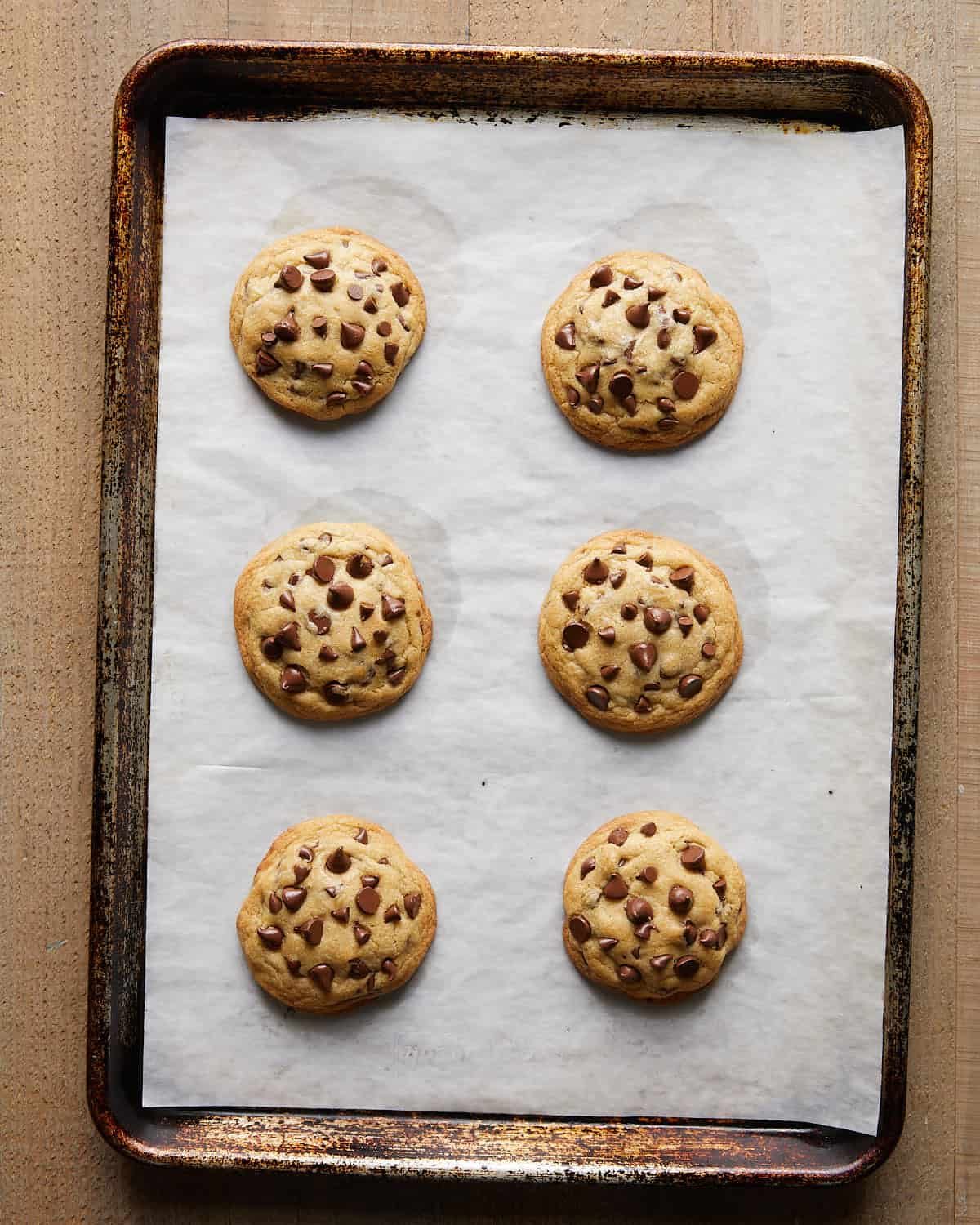 Overhead image of baked no chill chocolate chip cookies on a baking sheet, showing golden brown edges, soft centers, and melted chocolate chips fresh from the oven.