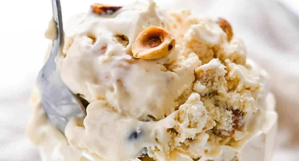 Overhead image of cherry nougat crunch ice cream.