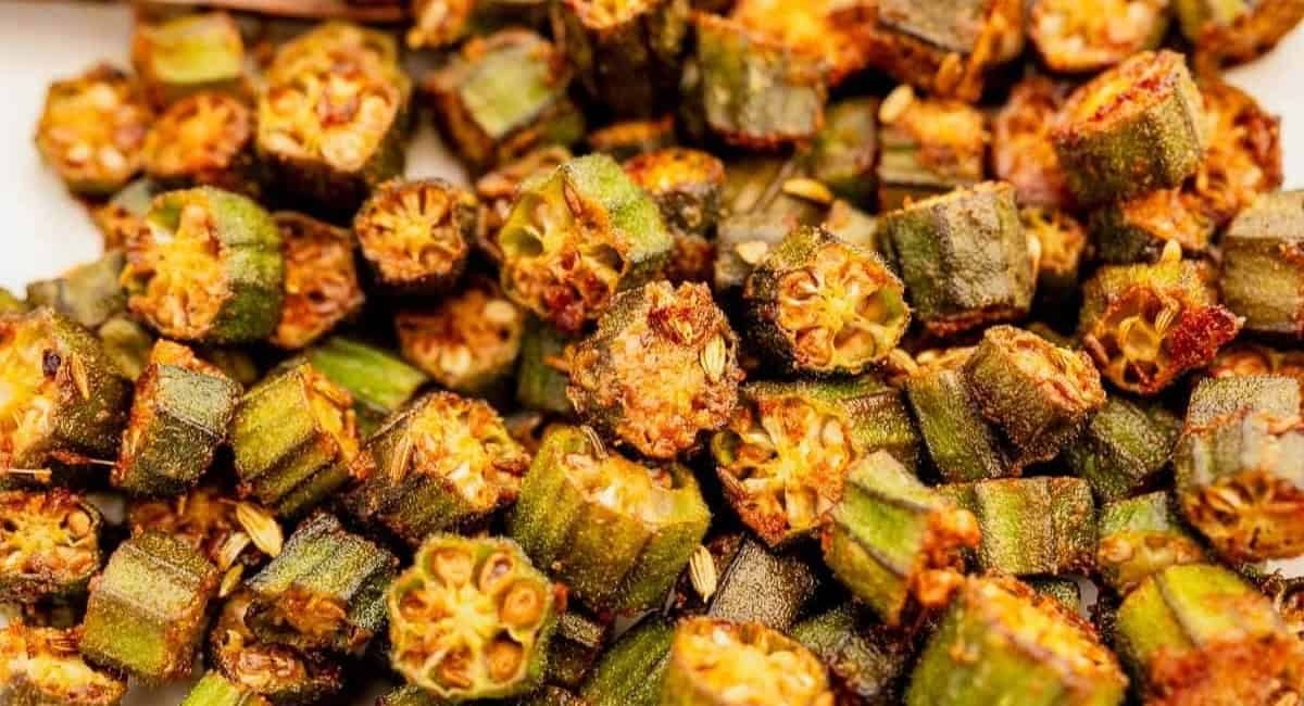 Up close image of okra recipe.