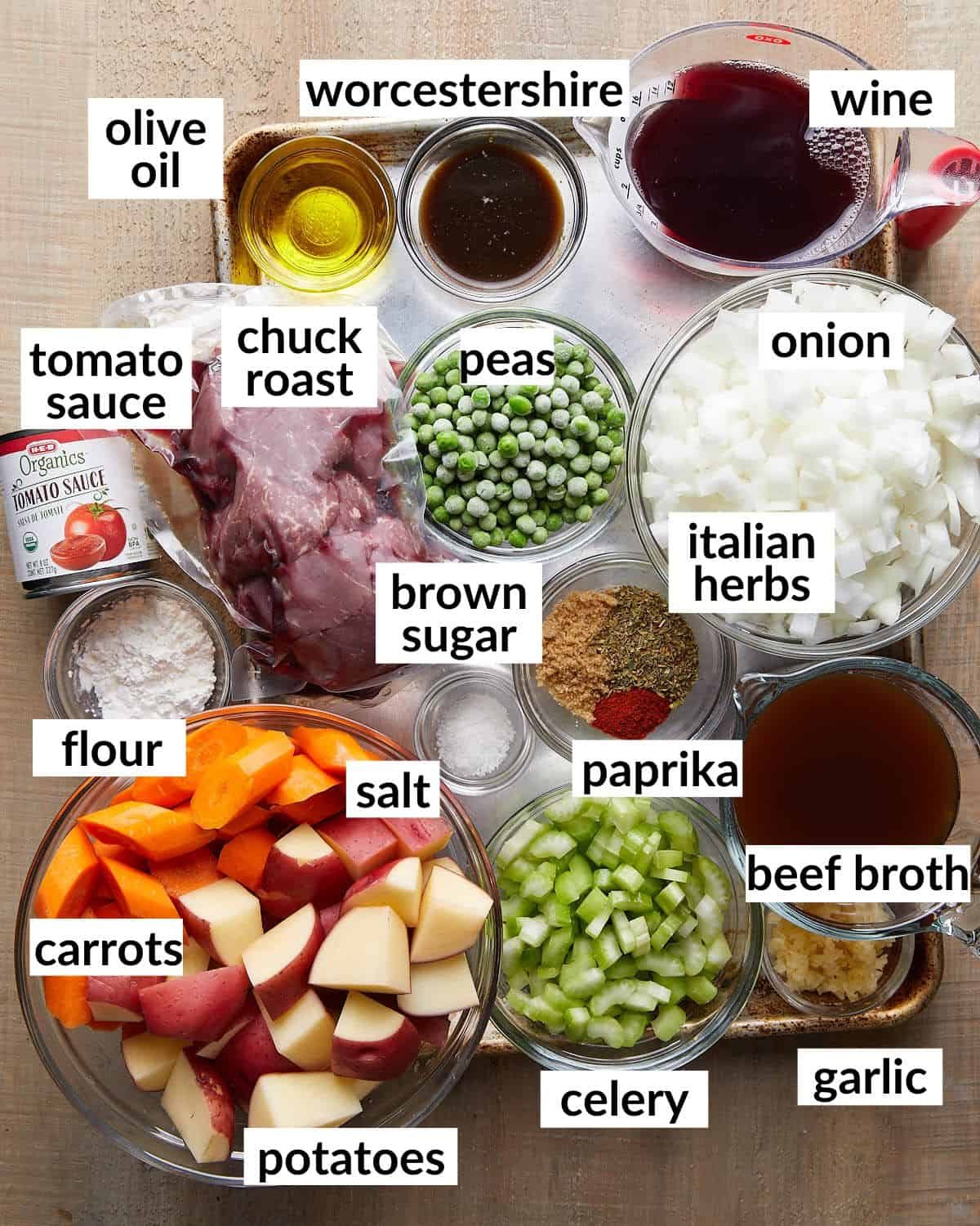 Overhead image of ingredients needed for beef stew.
