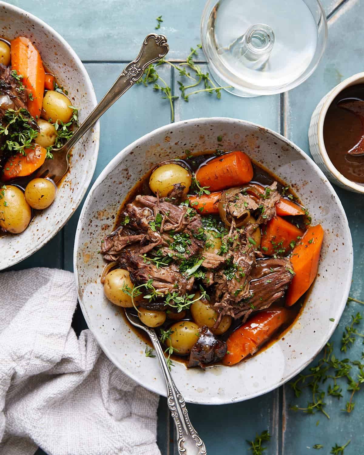 Overhead image of old fashioned pot roast with garnish.
