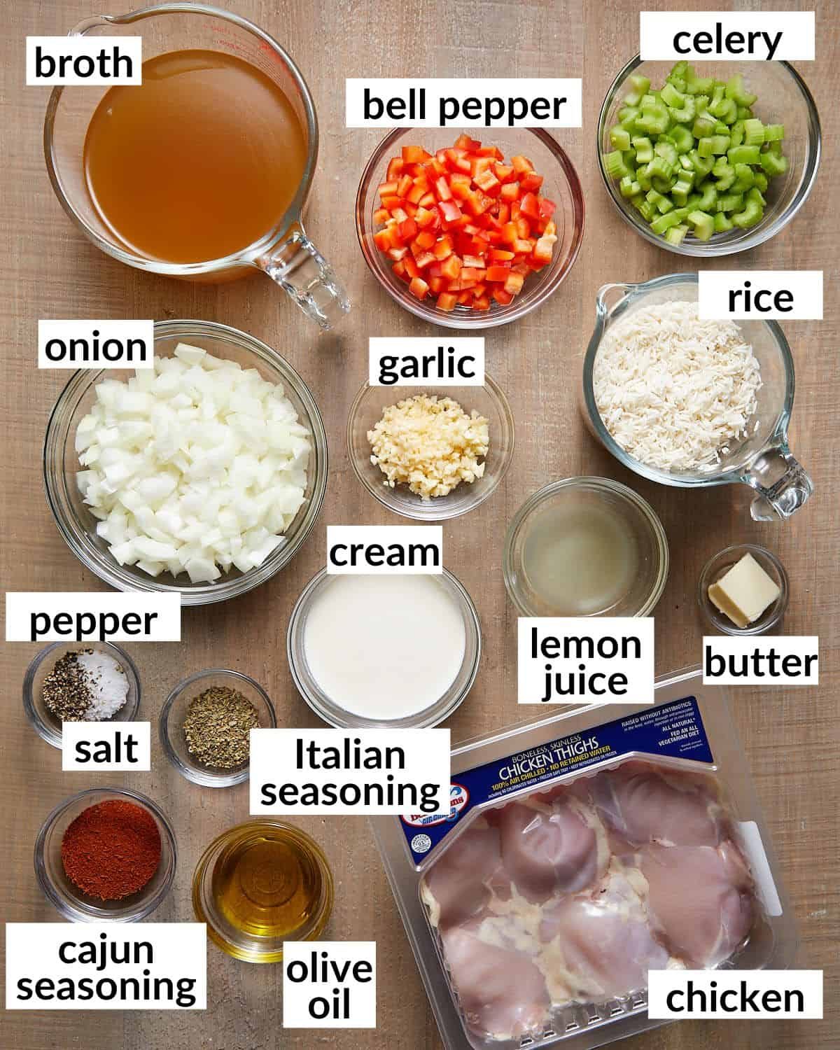 Overhead image of ingredients needed to make dutch oven chicken and rice.