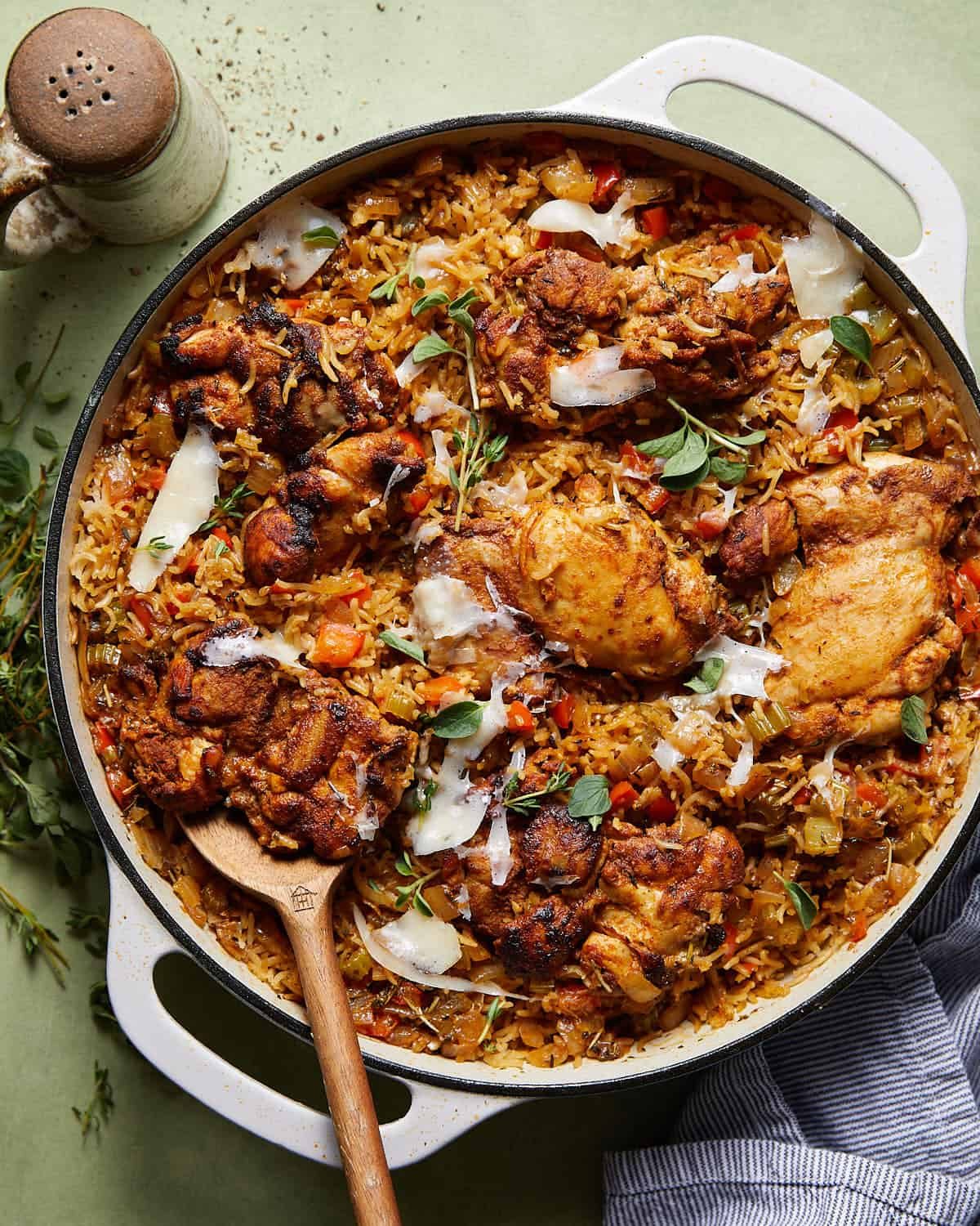Overhead image of dutch oven chicken and rice recipe.