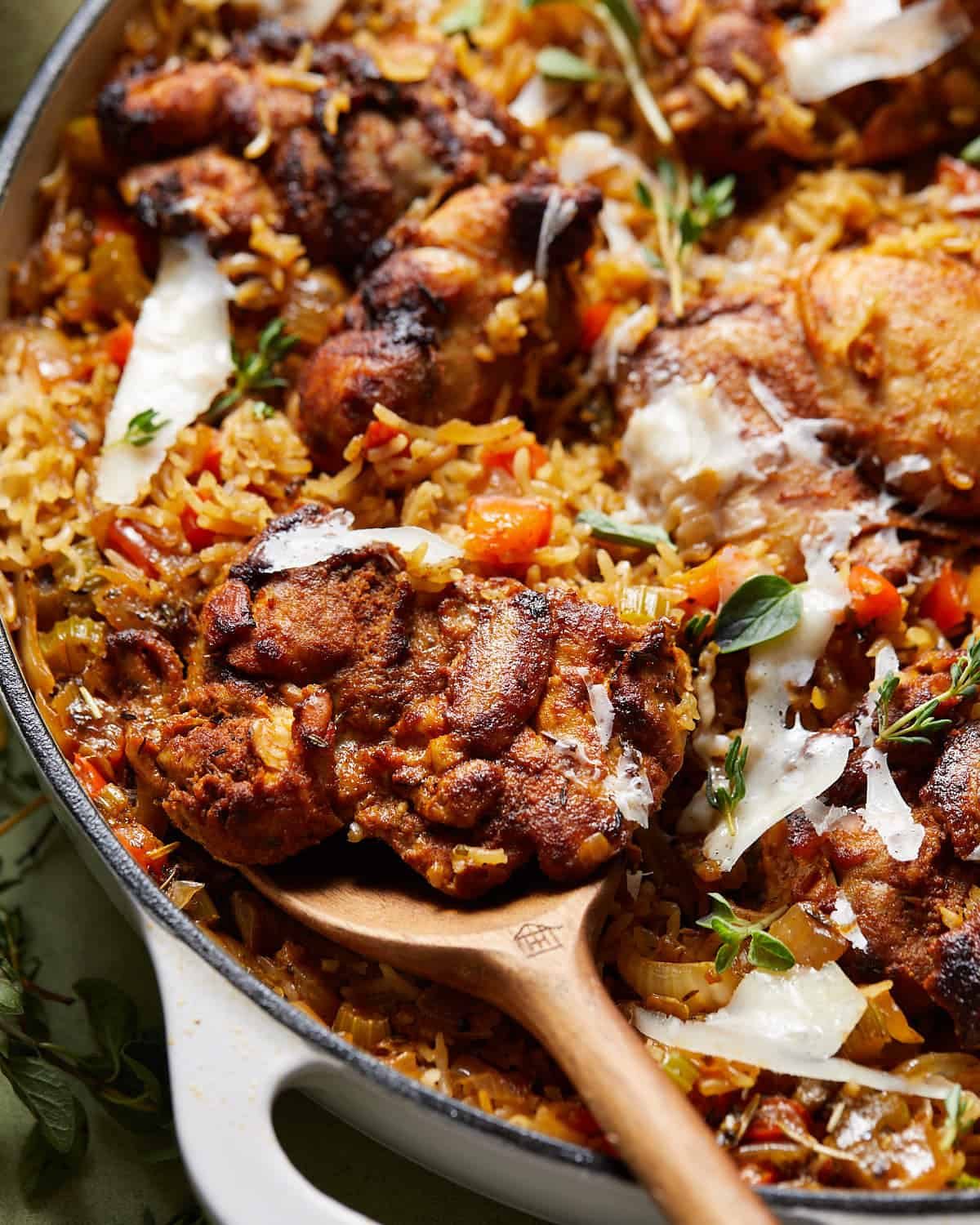 Up close image of dutch oven chicken and rice.