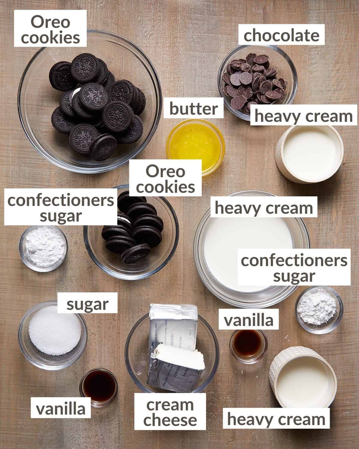 Ingredients needed to make no bake oreo cheesecake pie.