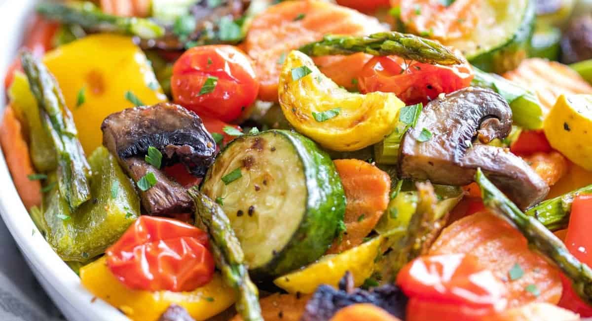 Up close image of oven roasted vegetables.