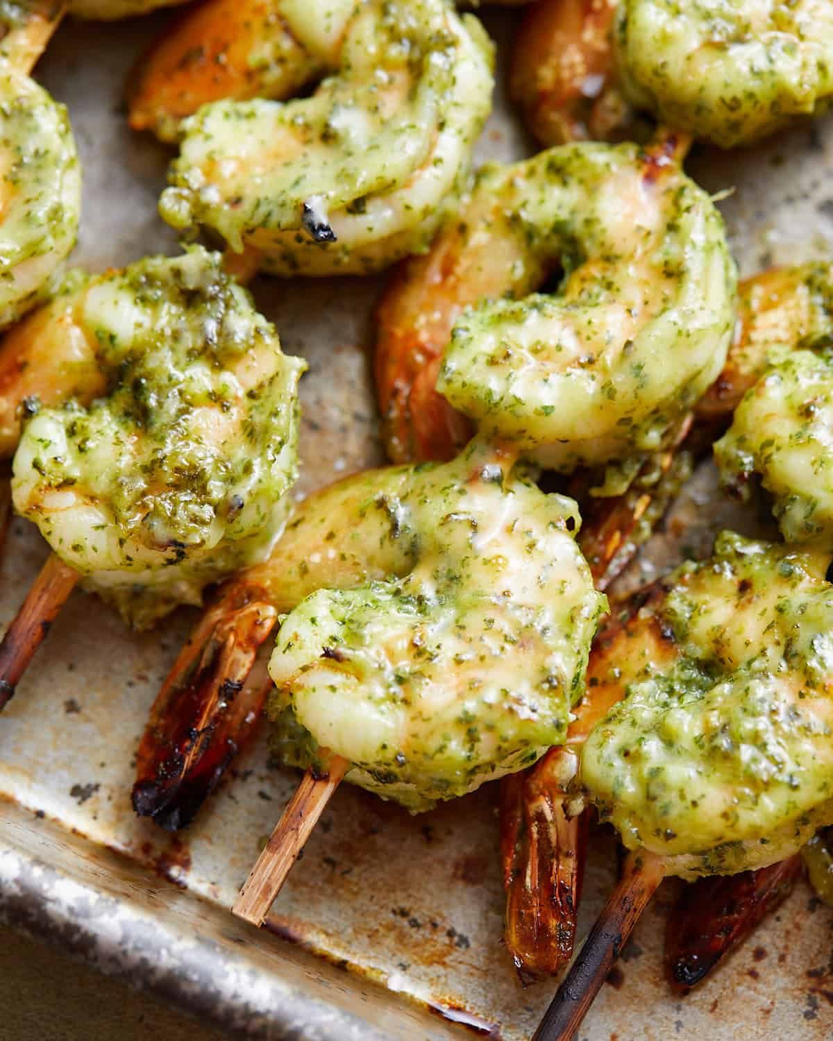 Up close image of oven baked shrimp skewers.