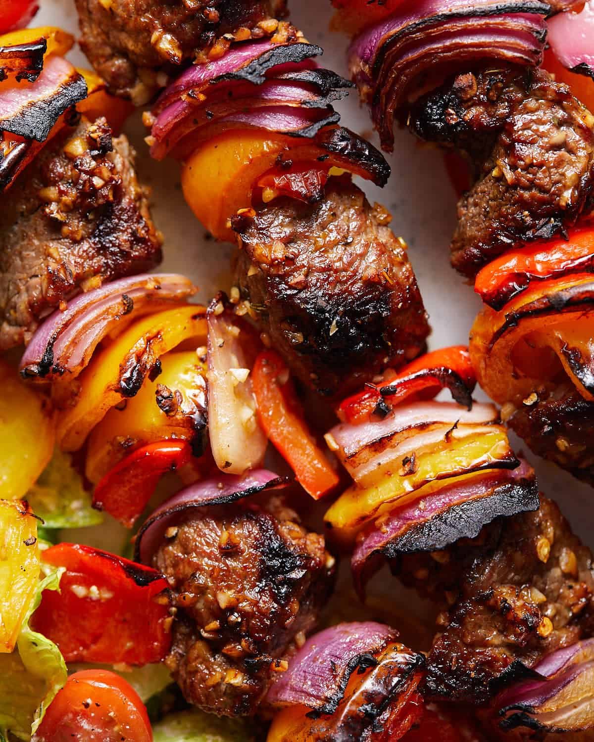 Up close image of beef kabobs.