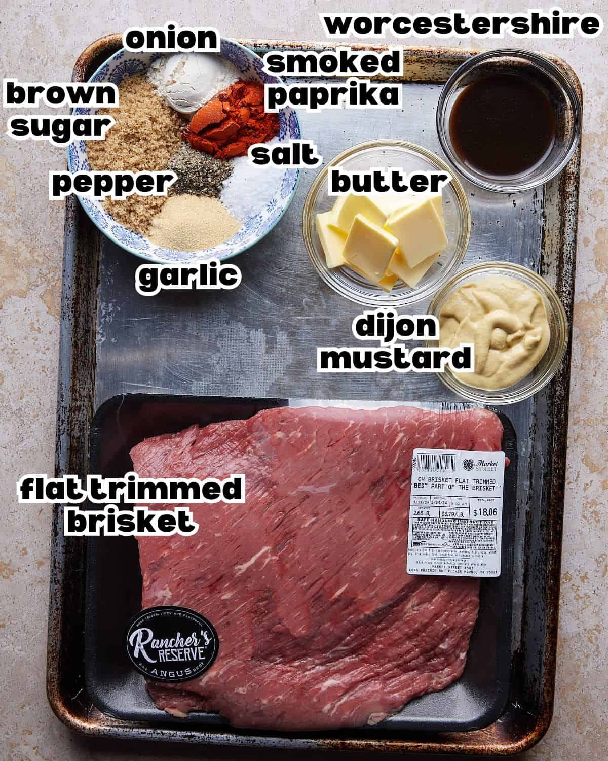 Overhead image of ingredients needed to make oven baked brisket.