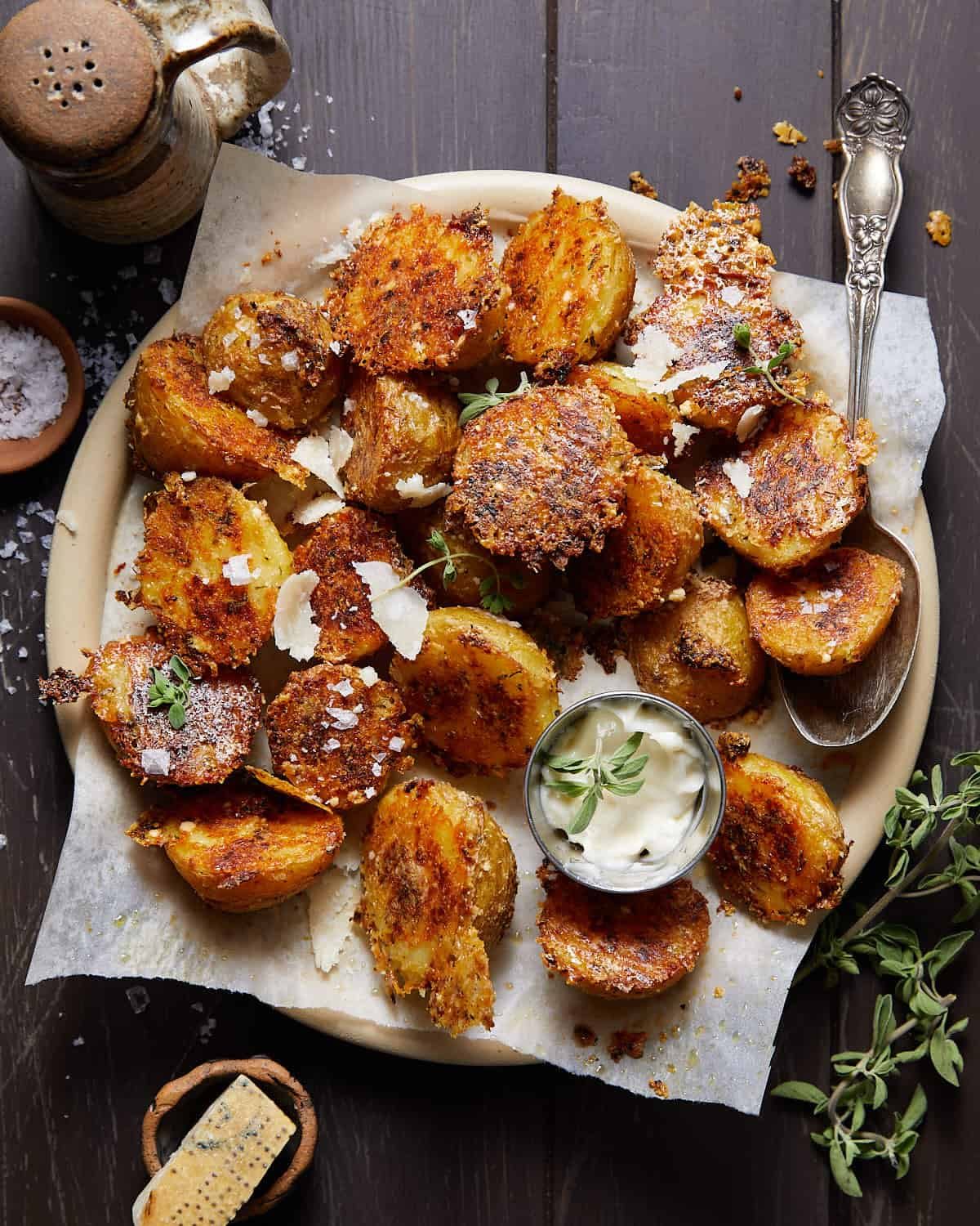 Oven roasted yukon gold potatoes on a plate.